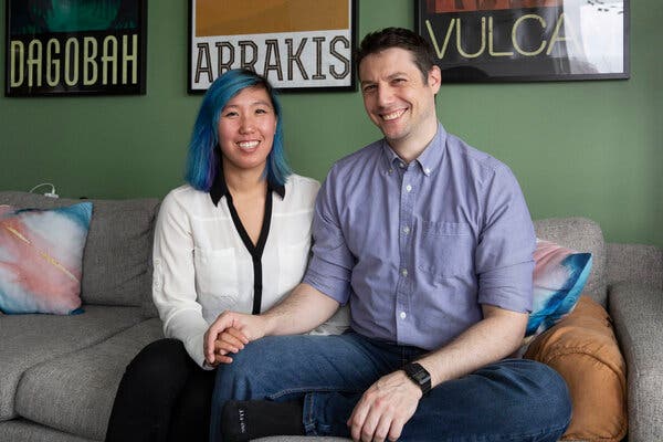 Vivienne Chen and Sam Doten in their new apartment, which they found through the city’s affordable-housing lotteries. “I wanted someplace that I was happy to come home to — a feeling of something adult and something that would last, so you wouldn’t have to move,” Mr. Doten said.